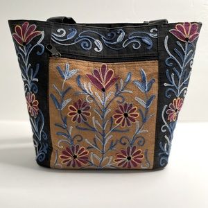 Black with Flower Embroidery Bag Tote Purse Suede Leather Purse